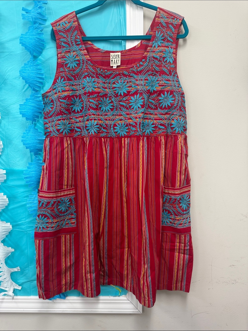 Sister Mary Red Embroidered Midi Dress with Turquoise Accents